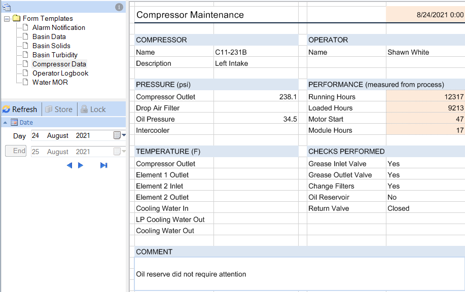 An Equipment Maitenance form automatically generated due to an exceedance of Runtime Hours.