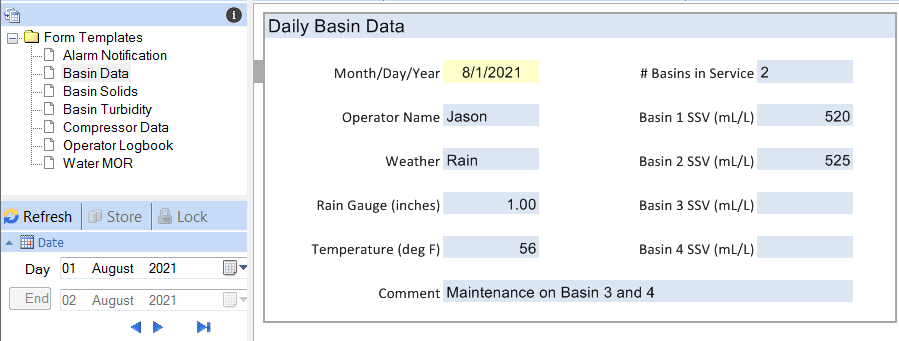 Daily Basin Data form filled out by an operator.